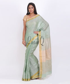 Faded mint green Gold Zari Border Handloom Linen saree