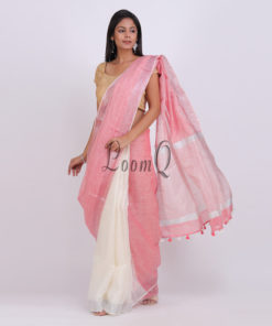 Peach and white contrast with silver zari border linen saree