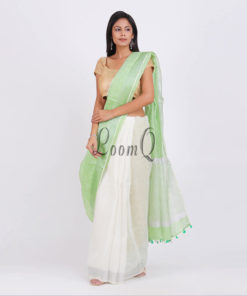 green and white contrast with silver zari border linen saree