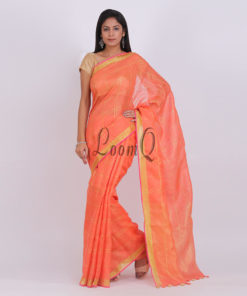 Pumpkin orange Stripe body silver zari linen saree