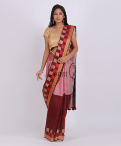 Marroon and peache half n half Ikat Llinen saree