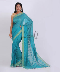 Blue green with gold zari Ikat Aanchal linen saree
