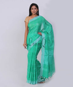 Green Stripe body silver zari linen saree