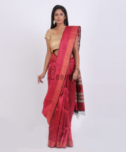 Red with stripe border handwoven Dupion silk saree