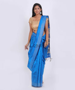 Royle blue with stripe border handwoven Dupion silk saree