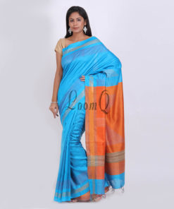 Blue with orange aanchal cotton silk saree