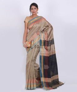 Natural tusser  with tri color border handloom silk saree