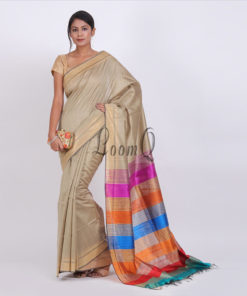 Light brown with multi color aanchal handloom Dupion silk Saree