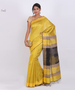 Yellow and handwoven work aanchal Dupion silk saree