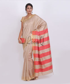 Tusser handloom silk saree with orange stripe aanchal
