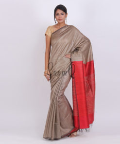 Claasic Tusser with Red aanchal Handloom silk saree