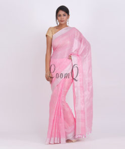 Baby pink Stripe body silver zari linen saree