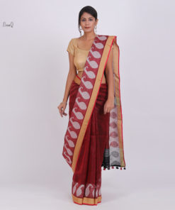 Marroon with ikat bulbul border Linen saree