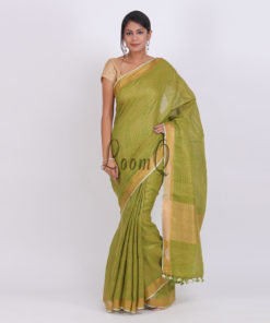 Mehndi with gold zari tripe Linen saree