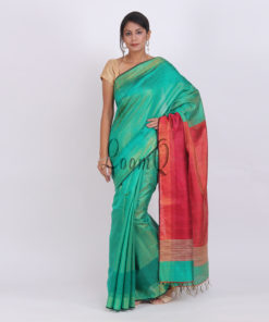 Green with contrast red aanchal Dupion silk saree