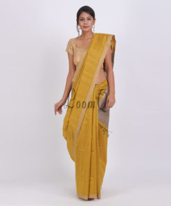 Musterd with Ghicha aanchal handloom cotton silk saree